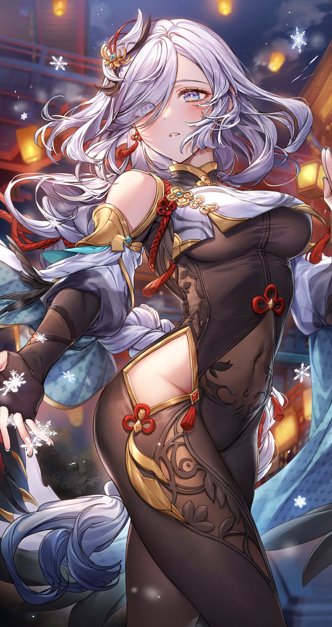 1girl bangs belly blush breasts commentary_request eyebrows_visible_through_hair eyes_visible_through_hair genshin_impact hair_ornament hair_over_one_eye highres huge_breasts long_hair looking_at_viewer navel pillo shenhe_(genshin_impact) snowflakes solo thigh_gap thighs white_hair