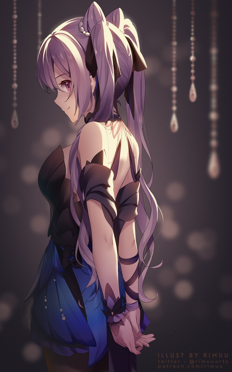 1girl arms_behind_back bangs blush bracelet breasts cosplay dress english_commentary eyebrows_visible_through_hair formal genshin_impact hair_ornament highres jewelry keqing_(genshin_impact) keqing_(genshin_impact)_(cosplay) long_hair looking_at_viewer looking_to_the_side purple_eyes purple_hair rimuu twintails