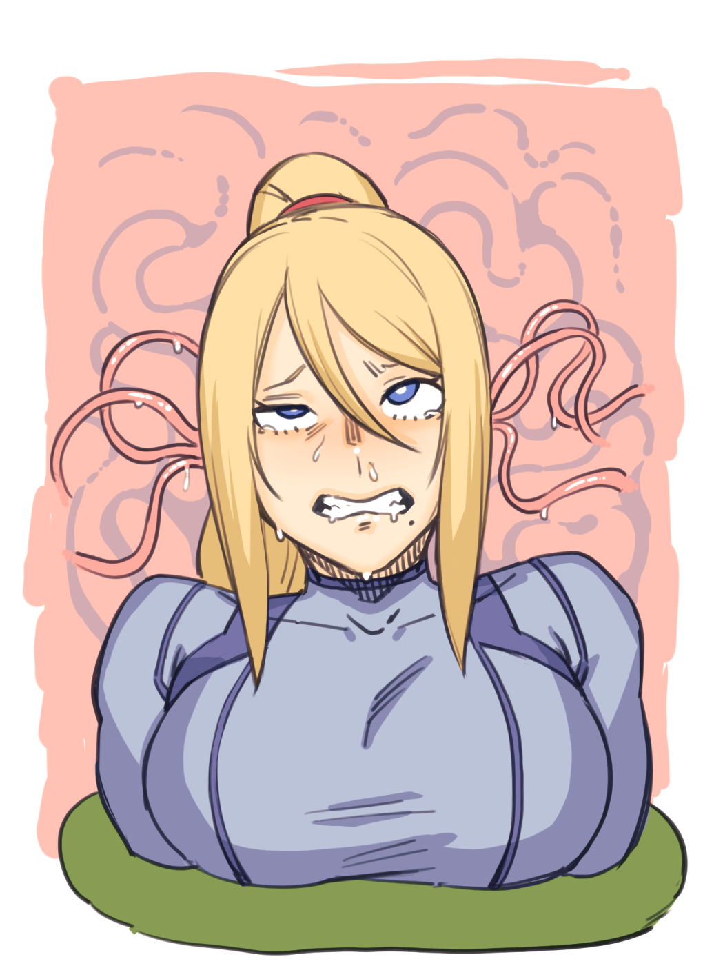 1girl blonde_hair blue_bodysuit blue_eyes blush bodysuit breasts clenched_teeth dyun ear_sex eargasm highres large_breasts long_hair metroid metroid_(classic) mole mole_under_mouth pink_background ponytail restrained rolling_eyes samus_aran snot solo sweat teeth tentacles uncommon_stimulation upper_body zero_suit