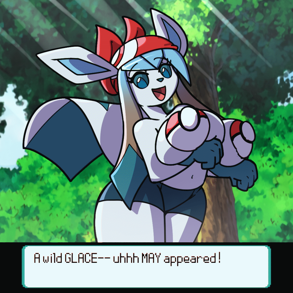 ! after_transformation alternate_species animated anthro bandanna big_breasts blue_body blue_eyes bottomwear bouncing_breasts breasts clothed clothing eeveelution english_text female glaceon hair holding_breast kerchief looking_at_viewer loop may_(pok&eacute;mon) multicolored_hair navel nintendo open_mouth pasties plant pok&eacute;mon pok&eacute;mon_(species) sachasketchy short_playtime shorts smile solo text text_box topless tree two_tone_hair video_games