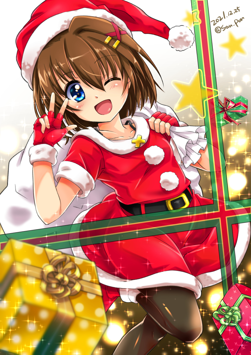 1girl ;d bangs black_legwear blurry blurry_foreground boots brown_hair commentary_request dated depth_of_field dress eyebrows_visible_through_hair fingerless_gloves fur-trimmed_dress fur_trim gift gloves hair_ornament hairclip hat highres leg_up looking_at_viewer lyrical_nanoha mahou_shoujo_lyrical_nanoha mahou_shoujo_lyrical_nanoha_a's one_eye_closed open_mouth pantyhose partial_commentary red_dress red_footwear red_gloves red_headwear ribbon san-pon santa_boots santa_dress santa_gloves santa_hat short_dress short_hair short_sleeves smile solo sparkle standing standing_on_one_leg star_(symbol) twitter_username w waving x_hair_ornament yagami_hayate