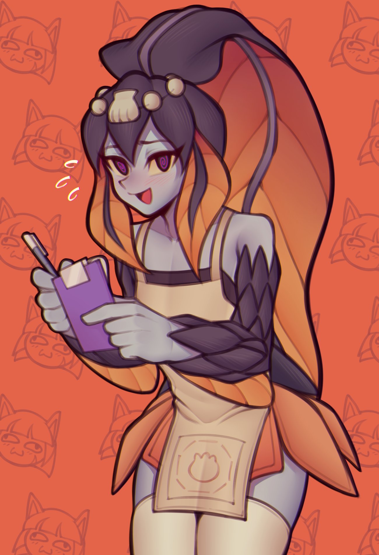 1girl @_@ blue_skin blush colored_skin eyebrows_visible_through_hair fujimna highres holding holding_notepad holding_pencil looking_at_viewer mechanical_pencil minette_(skullgirls) nervous_smile notepad open_mouth pencil skullgirls smile solo thighhighs white_legwear