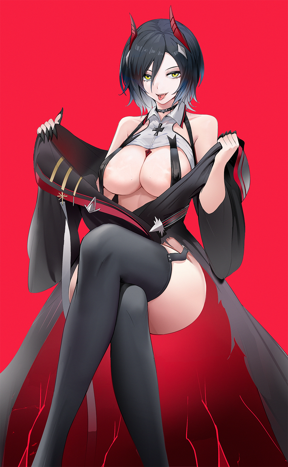 1girl areola_slip areolae azur_lane bangs bare_shoulders black_choker black_hair black_jacket black_legwear blue_hair breast_strap breasts chaji_h choker claw_ring cleavage collarbone commentary covered_nipples crop_top cross crossed_legs garter_straps gradient_hair hair_between_eyes highres horns invisible_chair iron_cross jacket large_breasts looking_at_viewer multicolored_hair piercing red_background red_horns shirt short_hair sidelocks simple_background sitting skindentation smile solo studded_choker teeth thighhighs tongue tongue_out tongue_piercing ulrich_von_hutten_(azur_lane) undressing upper_teeth white_hair white_shirt yellow_eyes