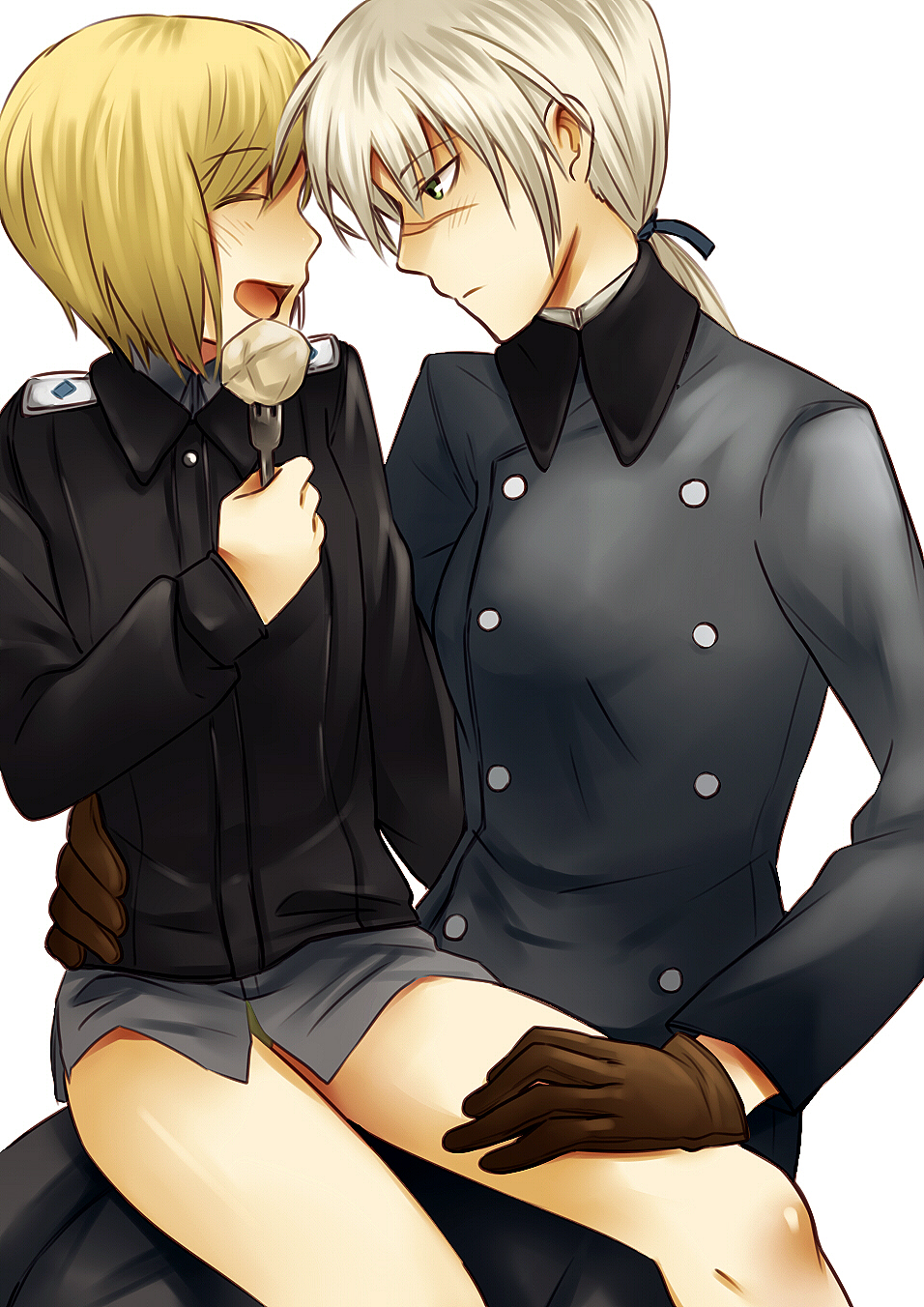 2girls bai_lao_shu black_jacket blonde_hair blush brown_gloves buttons closed_eyes double-breasted erica_hartmann fork gloves grey_hair grey_jacket grey_shirt hand_on_another's_thigh hand_on_another's_waist hanna_rudel highres jacket low_ponytail multiple_girls ponytail potato scar scar_on_face scar_on_nose shirt sitting sitting_on_lap sitting_on_person smile strike_witches uniform white_background world_witches_series