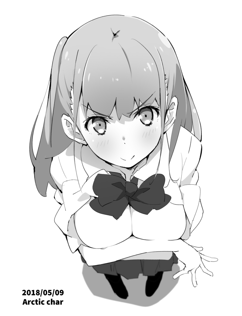 1girl artist_name bangs blush bow bowtie breasts breasts_outside closed_mouth collared_shirt commentary_request covering covering_breasts dated doyagao eyebrows_visible_through_hair from_above full_body greyscale large_breasts long_hair looking_at_viewer monochrome open_clothes open_shirt original school_uniform shadow shirt simple_background skirt smile smug solo standing tabata_hisayuki white_background