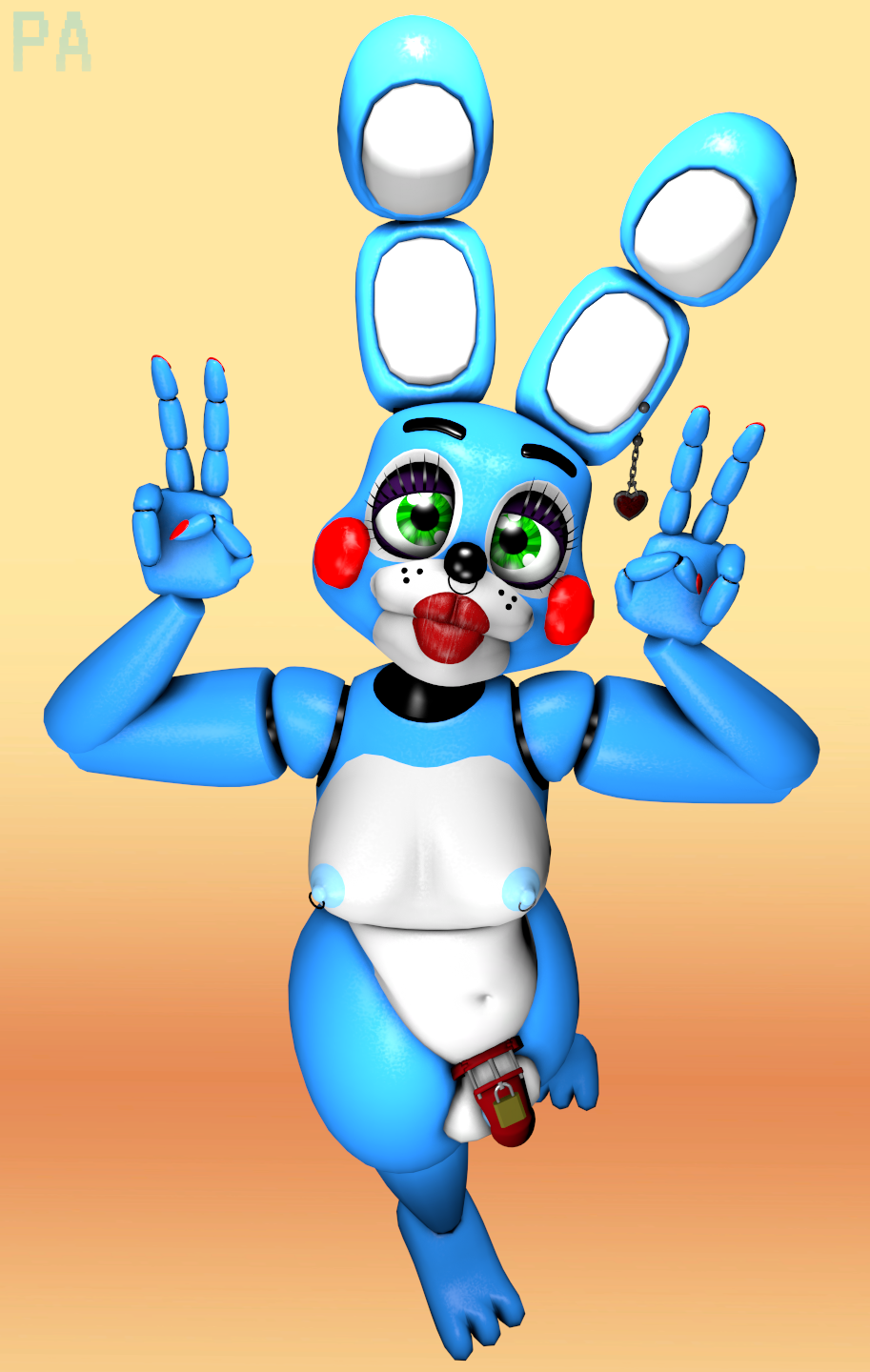 3d_(artwork) animatronic anthro black_nose blue_body blue_fur chastity_cage chastity_device digital_media_(artwork) ear_piercing eyelashes eyeshadow facial_piercing five_nights_at_freddy's five_nights_at_freddy's_2 fur gesture girly gradient_background green_eyes hi_res kissy_face lagomorph leporid lipstick machine makeup male mammal nipple_piercing nipple_ring nipples nose_piercing nose_ring phoenix_adverdale piercing pose purple_eyeshadow rabbit red_cheeks red_lipstick red_nail_polish robot scottgames simple_background solo source_filmmaker toy_bonnie_(fnaf) v_sign video_games yellow_background