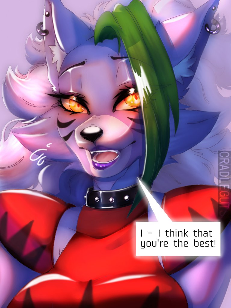 3:4 animatronic anthro blush canid canine canis choker cradleguts ear_piercing english_text female five_nights_at_freddy's five_nights_at_freddy's:_security_breach green_hair hair headshot_portrait jewelry looking_at_viewer machine mammal necklace piercing portrait robot roxanne_wolf_(fnaf) scottgames solo teeth text text_box video_games wolf yellow_eyes