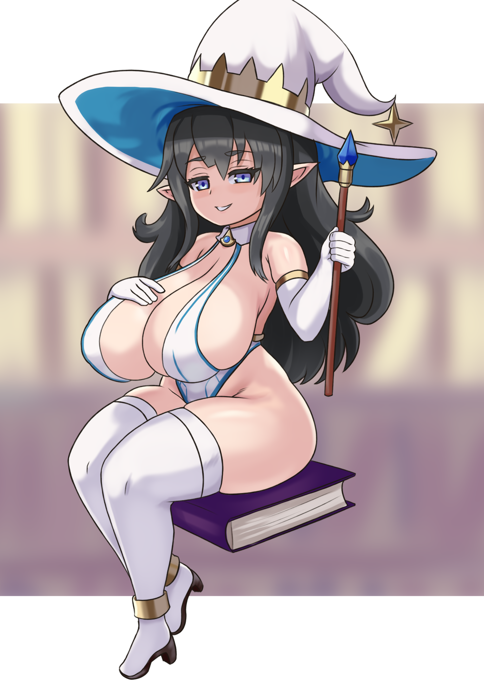 1girl black_hair blue_eyes boots breast_suppress breasts curvy detached_collar elf gloves gold_trim grin hat highres huge_breasts leotard long_hair nav original pointy_ears shortstack sitting_on_book smile solo thigh_boots thighhighs very_long_hair wand white_gloves white_legwear white_leotard witch_hat