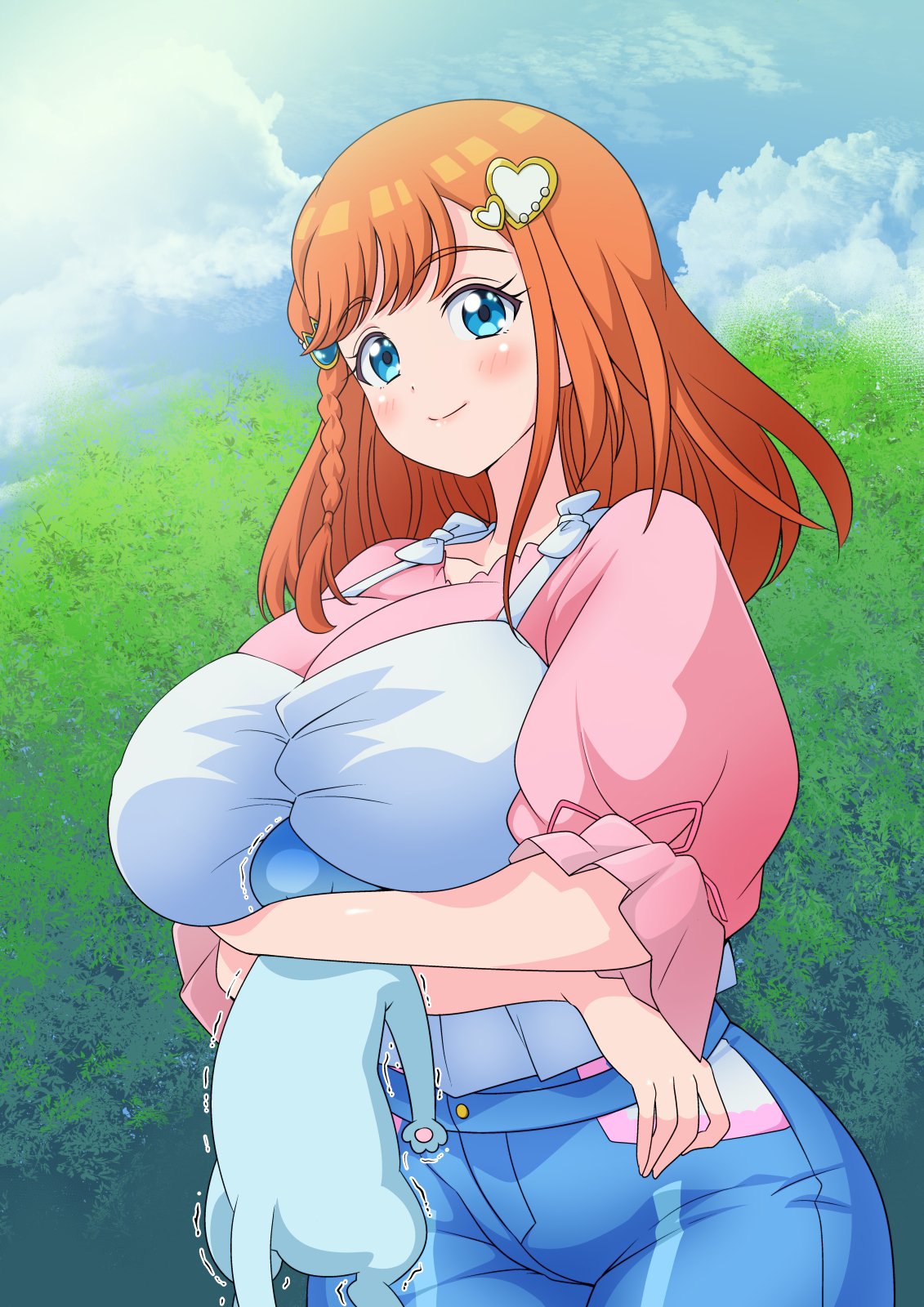 amikaasan asphyxiation between_breasts blouse blue_eyes blue_sky blush braid breast_smother breasts cat cat_hair_ornament closed_mouth cloud cloudy_sky commentary_request day denim eyebrows_visible_through_hair face_to_breasts hair_ornament head_between_breasts heart heart_hair_ornament hibino_matsuri highres huge_breasts jeans long_hair looking_at_viewer myamu myamu_(cat) orange_hair outdoors pants pink_blouse pink_lips pretty_(series) shiny shiny_hair shiny_skin side_braid sky smile smother tree trembling vest waccha_primagi! white_vest