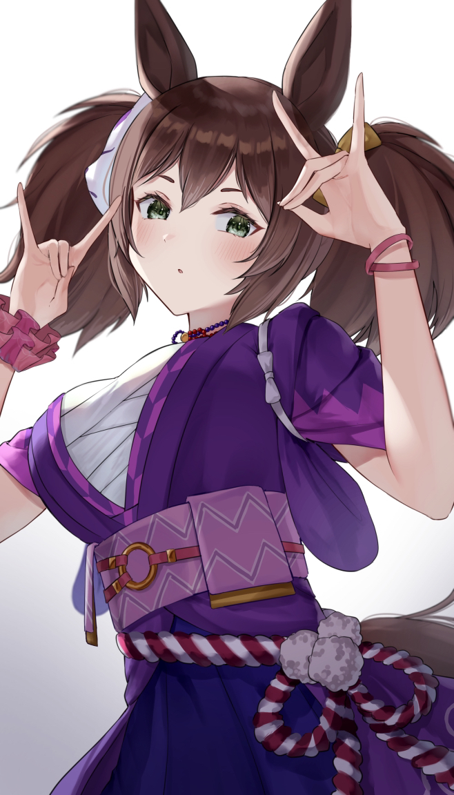 1girl :o akatsuki_(pixiv23539542) animal_ears blush breasts brown_hair chest_sarashi finger_puppet from_below green_eyes hair_between_eyes hands_up head_tilt horse_ears horse_girl horse_tail inari_one_(umamusume) japanese_clothes jewelry kimono kouhaku_nawa large_breasts long_hair looking_at_viewer necklace o-ring obi open_clothes open_kimono open_mouth puppet purple_kimono sarashi sash short_sleeves short_twintails simple_background solo tail twintails umamusume upper_body white_background wristband yukata