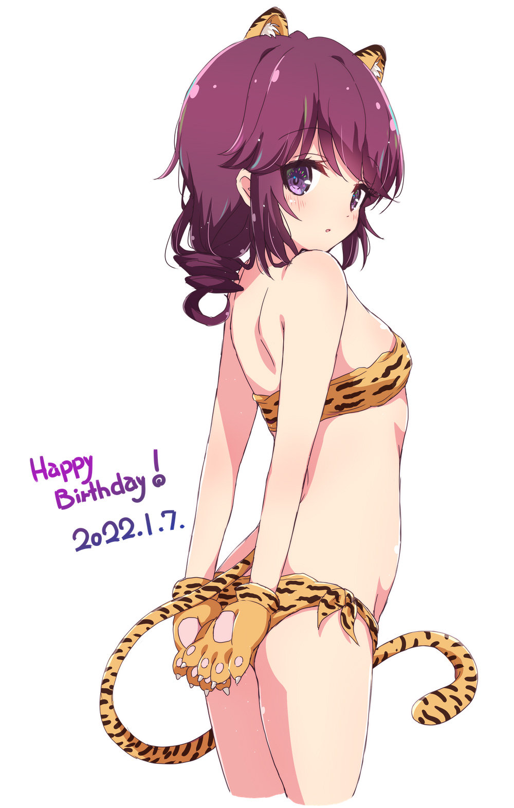 1girl animal_ears animal_hands animal_print ass bikini breasts commentary_request dated from_behind gloves happy_birthday highres looking_at_viewer machikado_mazoku mel_(melty_pot) paw_gloves print_bikini purple_eyes purple_hair simple_background small_breasts solo swimsuit tail tiger_ears tiger_print tiger_tail white_background yellow_bikini yellow_gloves yoshida_ryouko