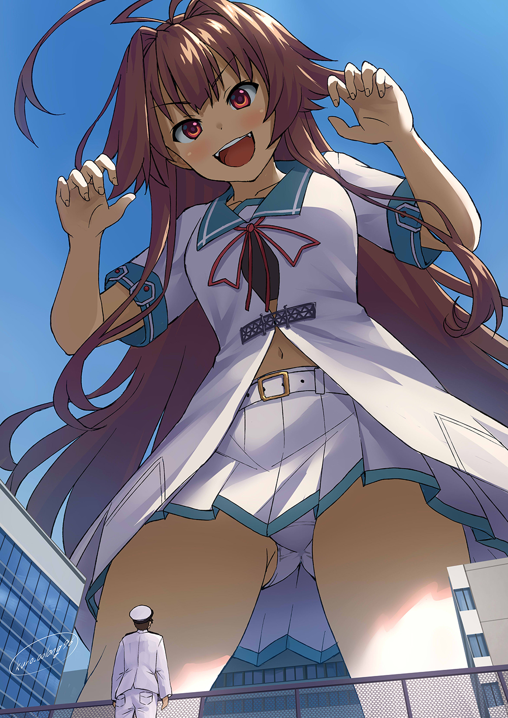 1boy 1girl admiral_(kancolle) ahoge belt brown_eyes brown_hair giant giantess highres huge_ahoge kuma_(kancolle) kuro_oolong long_hair looking_down navel panties pleated_skirt red_ribbon remodel_(kantai_collection) ribbon sailor_collar school_uniform serafuku shirt short_sleeves skirt underwear very_long_hair white_belt white_panties white_shirt white_skirt