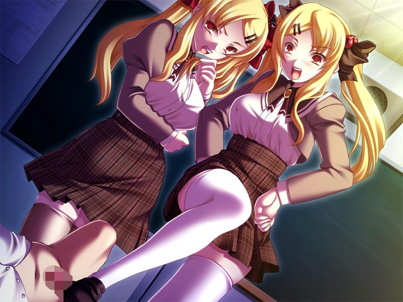 2_girls 2girls blonde_hair censored character_request crush feet femdom footjob multiple_girls penis red_eyes school_uniform schoolgirl shoejob siblings sisters source_request stomp trample twins