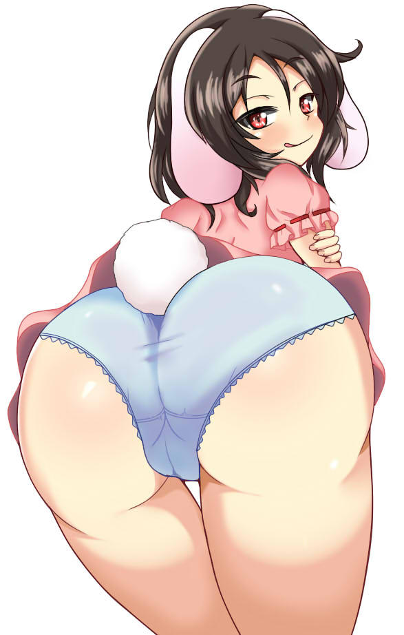 1girl animal_ears ass black_hair blue_panties blush bunny_ears bunny_tail come_hither dress from_behind hips huge_ass inaba_tewi looking_at_viewer looking_back naughty_face onaho_(otayoku) panties red_eyes shiny shiny_clothes shiny_hair shiny_skin short_hair smile solo tail thick_thighs thighs touhou underwear wide_hips