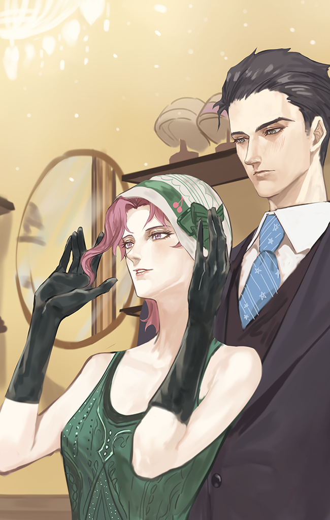 1boy 1girl black_hair blue_eyes cloche_hat elbow_gloves formal genderswap genderswap_(mtf) gloves hat jojo_no_kimyou_na_bouken kakyoin_noriaki kujo_jotaro mirror necktie red_hair stardust_crusaders suit yepnean