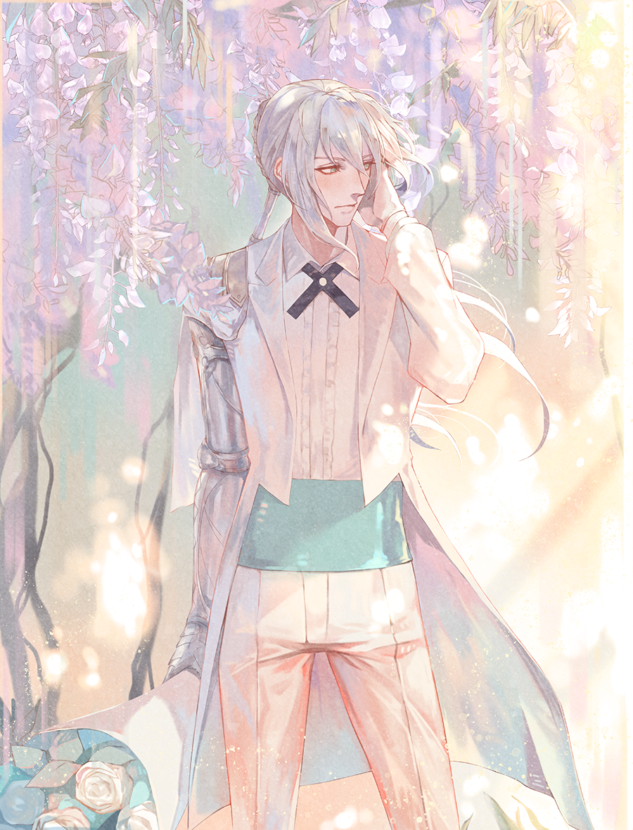 airgetlam_(fate) as_you_wish_(fate) bedivere_(fate) bouquet fate/grand_order fate_(series) flower formal green_eyes grey_hair heroic_spirit_formal_dress long_hair pale_color pastel_colors prosthesis prosthetic_arm purple_flower rose silver_hair suit white_flower white_rose white_suit wisteria yepnean