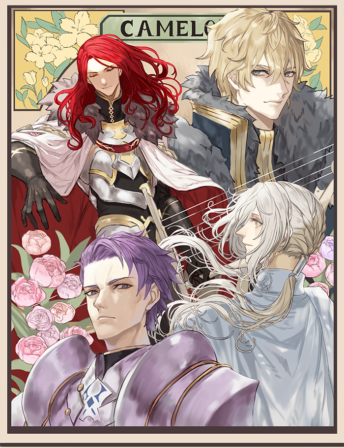 4boys armor art_nouveau bedivere_(fate) cape fate/grand_order fate_(series) flower fur-trimmed_cape fur_trim gawain_(fate) gloves grey_hair knights_of_the_round_table_(fate) lancelot_(fate/grand_order) long_hair multiple_boys pixiv_fate/grand_order_contest_1 platinum_blonde_hair purple_hair red_hair silver_hair smile tristan_(fate) yepnean