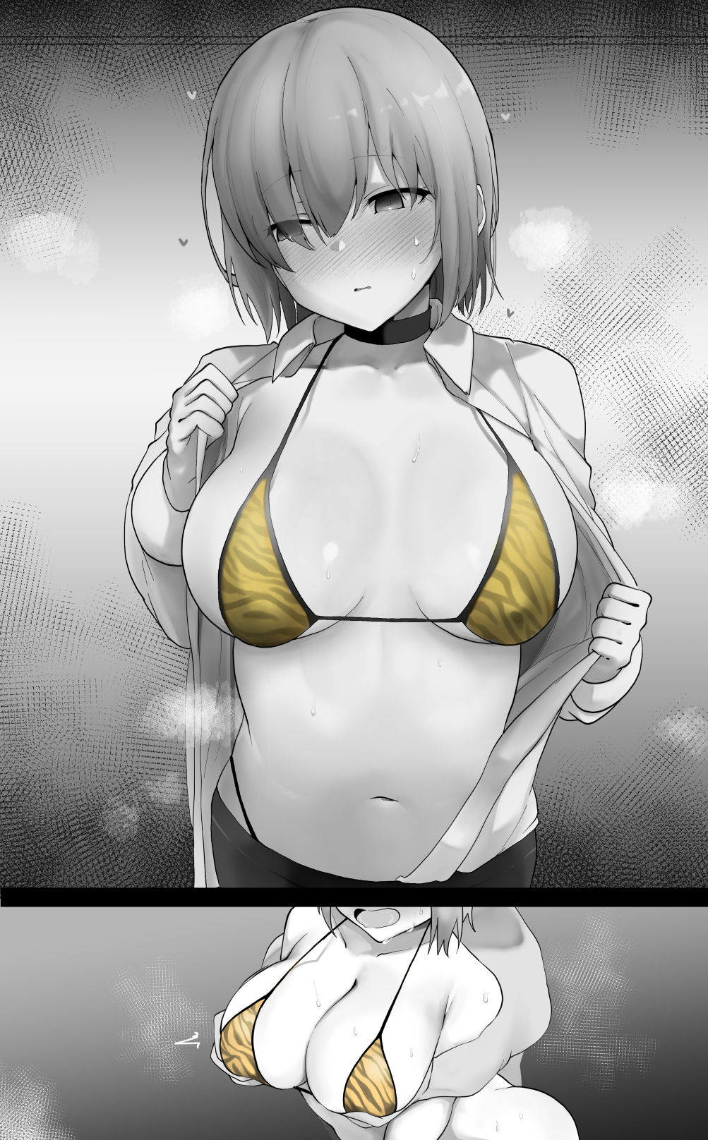 1boy 1girl animal_print bangs bare_shoulders bikini breast_grab breasts choker cleavage closed_mouth collarbone collared_shirt dress_shirt embarrassed fate/grand_order fate_(series) grabbing greyscale hair_over_one_eye highres large_breasts long_sleeves looking_to_the_side mash_kyrielight monochrome multiple_views navel open_clothes open_mouth open_shirt shirt short_hair spot_color swimsuit tiger_print wakamochi-ta yellow_bikini