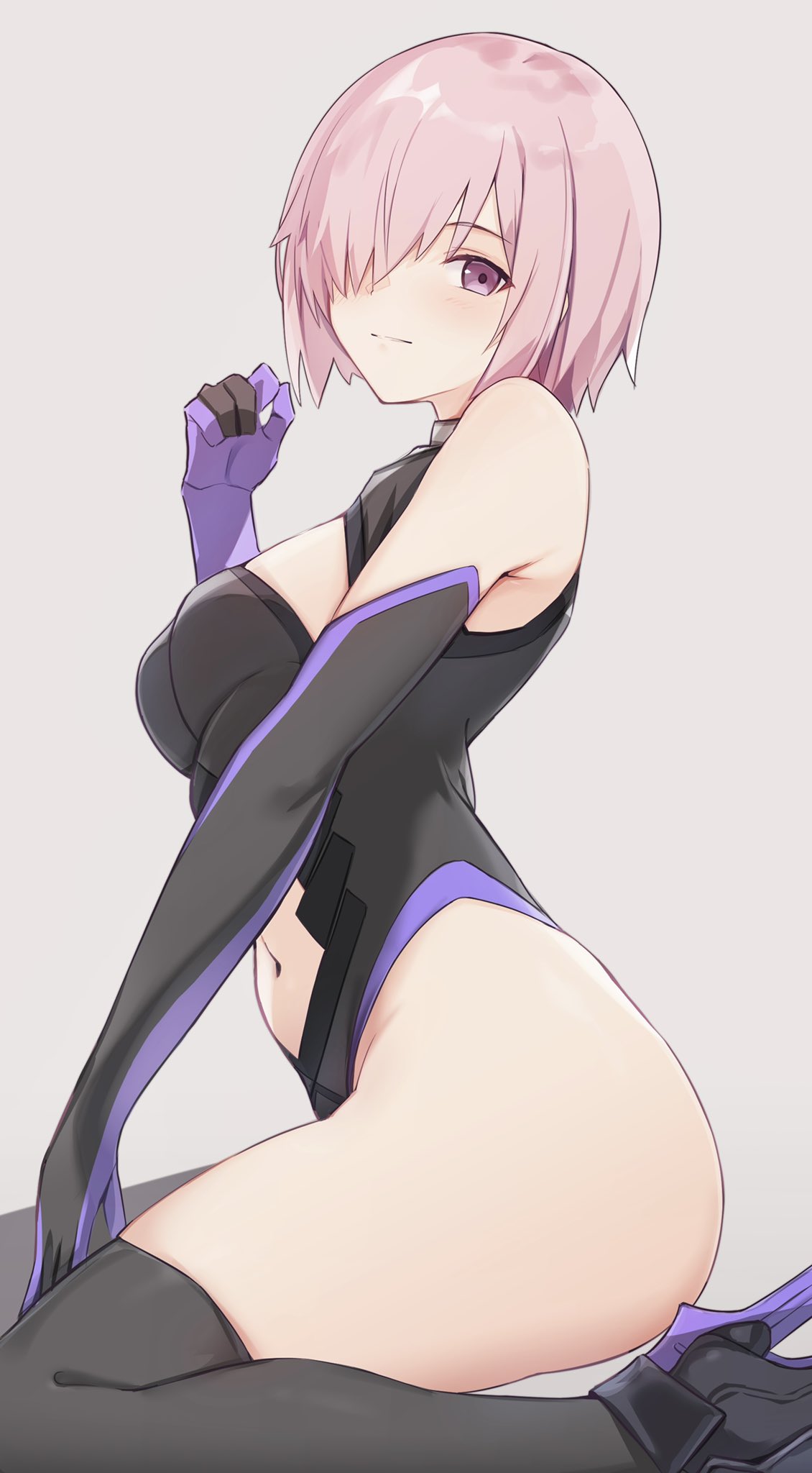 1girl bare_shoulders bee_doushi between_legs black_legwear bodysuit breasts cleavage cleavage_cutout clothing_cutout detached_sleeves elbow_gloves fate/grand_order fate_(series) gloves hair_over_one_eye hand_between_legs hand_up highres kneeling leotard looking_at_viewer mash_kyrielight navel navel_cutout one_eye_covered pink_hair purple_eyes small_breasts smile solo thick_thighs thighhighs thighs white_background