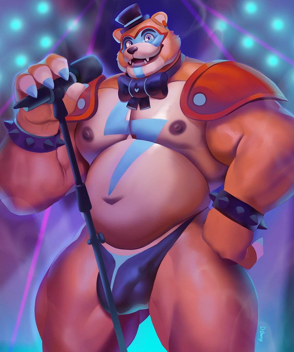 2022 animatronic anthro barazoku belly big_belly big_bulge big_muscles blurred_background bow_tie bracelet bulge claws clothing dsharp_k ear_piercing ear_ring eyebrows facial_markings five_nights_at_freddy's five_nights_at_freddy's:_security_breach glamrock_freddy_(fnaf) hand_on_hip hat head_markings headgear headwear jewelry looking_at_viewer machine male mammal markings microphone musclegut muscular muscular_anthro muscular_male navel nipples open_mouth open_smile pecs piercing robot scottgames shoulder_pads smile solo spiked_bracelet spikes spotlight standing teeth thick_thighs thong top_hat underwear ursid video_games