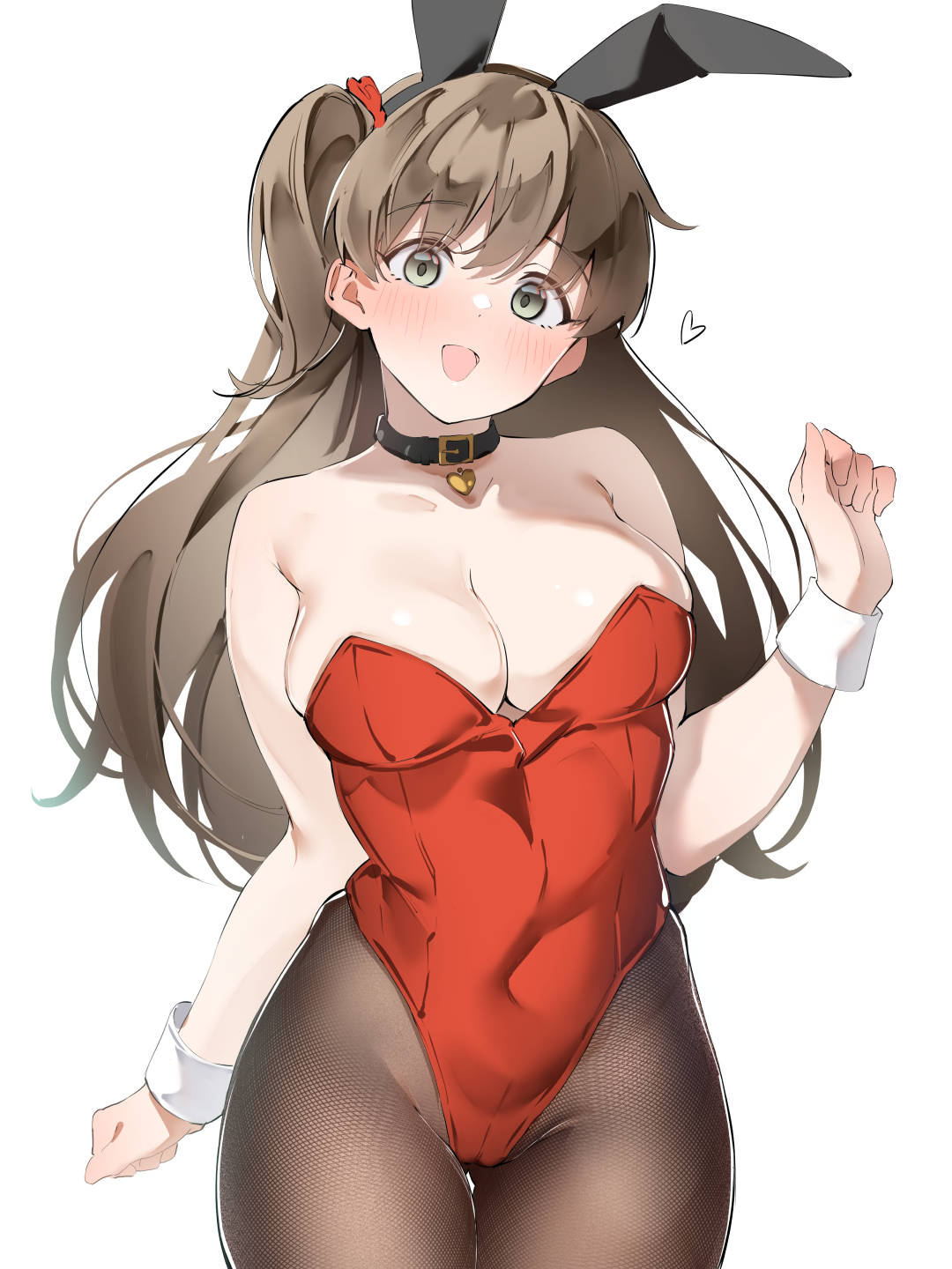 1girl animal_ears arm_behind_back bangs belt_collar black_collar black_legwear blush breasts brown_hair cleavage collar commentary covered_navel cowboy_shot eyebrows_visible_through_hair fake_animal_ears green_eyes hand_up heart highres idolmaster idolmaster_cinderella_girls karan large_breasts leotard long_hair looking_at_viewer makihara_shiho one_side_up open_mouth pantyhose playboy_bunny rabbit_ears red_leotard simple_background solo standing strapless strapless_leotard white_background wrist_cuffs
