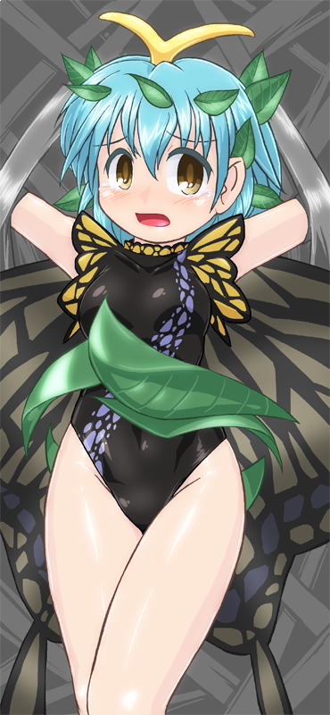 1girl antennae aqua_hair black_leotard blush brown_eyes butterfly_wings crying crying_with_eyes_open eternity_larva eyebrows_visible_through_hair fairy feet_out_of_frame groin hair_between_eyes leaf leaf_on_head leotard looking_at_viewer open_mouth restrained short_hair short_sleeves solo tears touhou wings winn