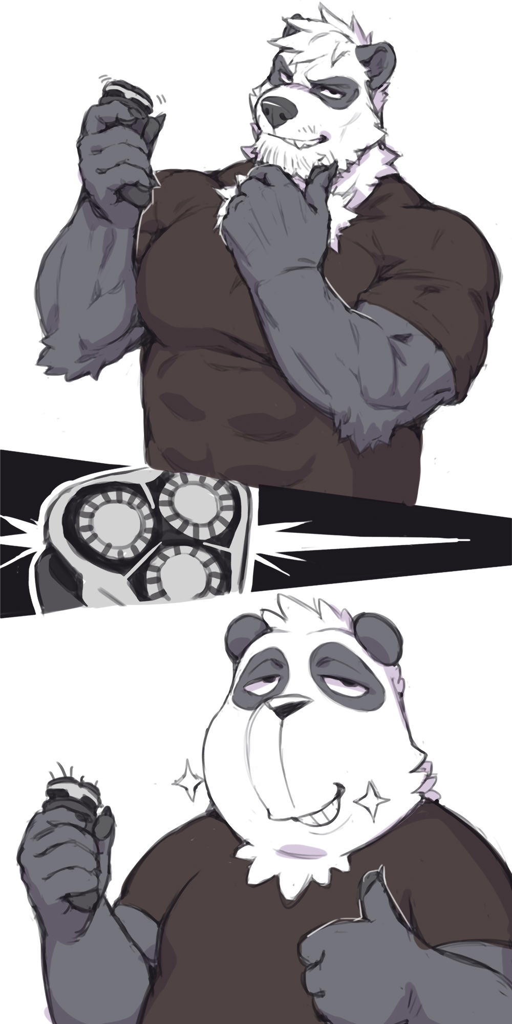 anthro chubby_male clothed clothing electric_razor fully_clothed gesture giant_panda hi_res humor jacketbear male mammal muscular muscular_anthro muscular_male razor shaving simple_background solo thumbs_up tools toony ursid