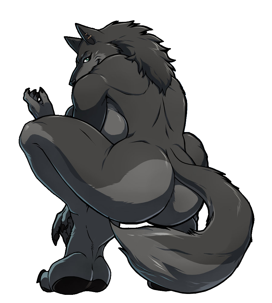 alpha_channel anthro big_breasts big_butt breasts butt canid canine canis claws crouching edit female fur green_eyes grey_body grey_fur grey_hair hair looking_at_viewer looking_back mammal mika_(walter_sache) muscular muscular_anthro muscular_female nude pawpads paws piercing side_boob solo walter_sache wolf