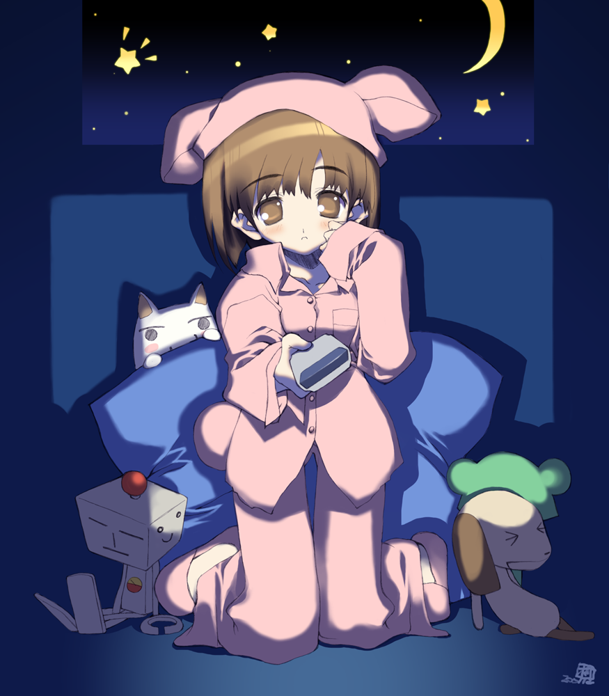 1girl 4others bangs blush brown_eyes brown_hair controller crescent_moon cushion doko_demo_issho eyebrows_visible_through_hair fake_tail hat hat_with_ears inoue_toro kneeling mihara_jun moon multiple_others nakamura_takeshi night pajamas parted_lips personification pink_headwear pink_pajamas r_suzuki remote_control ricky_(doko_demo_issho) robot shadow short_hair signature sleeves_past_wrists slippers solo_focus star_(sky) tail yamamoto_pierre