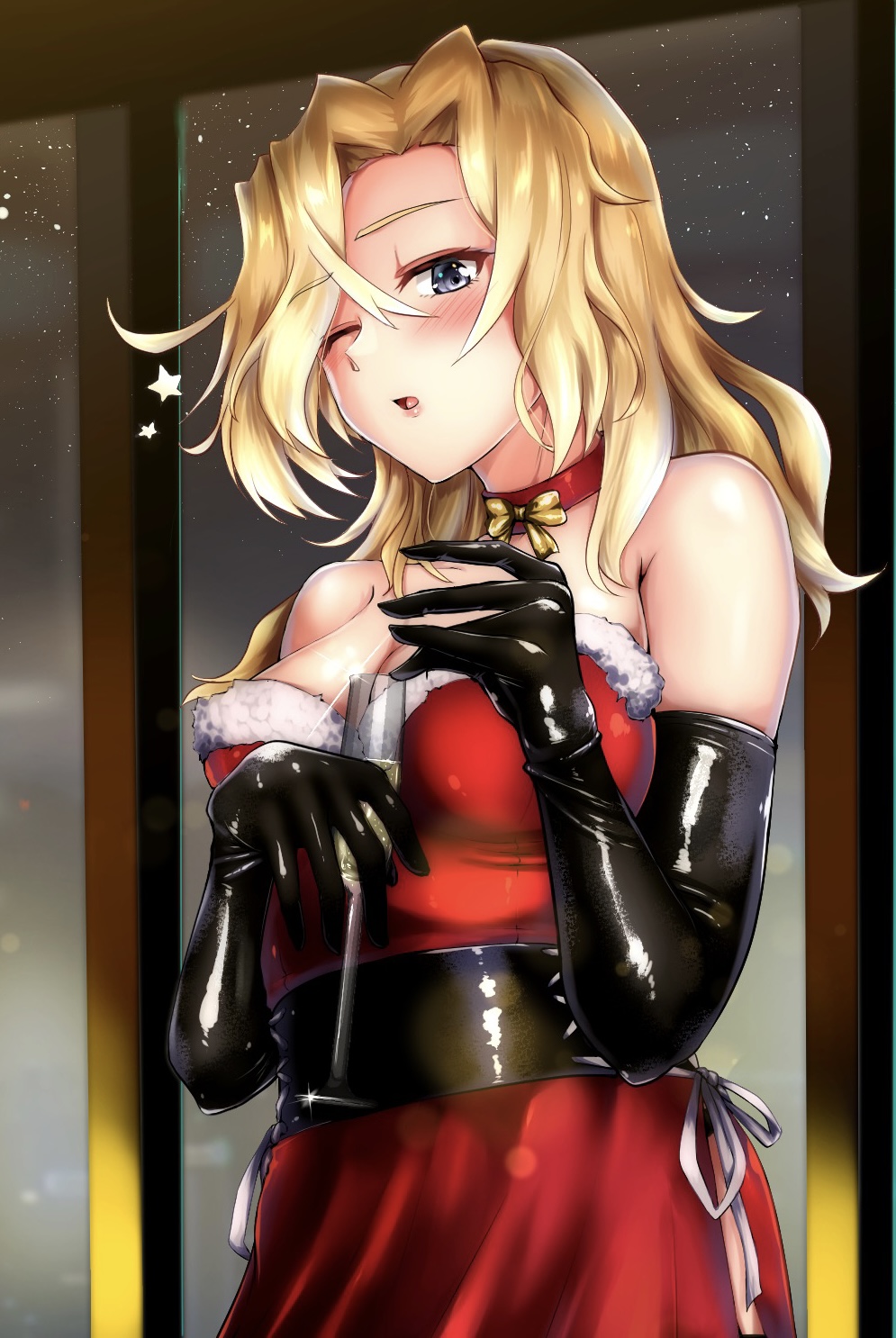 1girl alternate_costume black_gloves blonde_hair breasts choker cleavage cowboy_shot cup dress drinking_glass elbow_gloves fur-trimmed_dress fur_trim gloves grey_eyes highres hornet_(kancolle) kantai_collection large_breasts long_hair medium_breasts one_eye_closed parazan_d red_dress revision solo window wine_glass