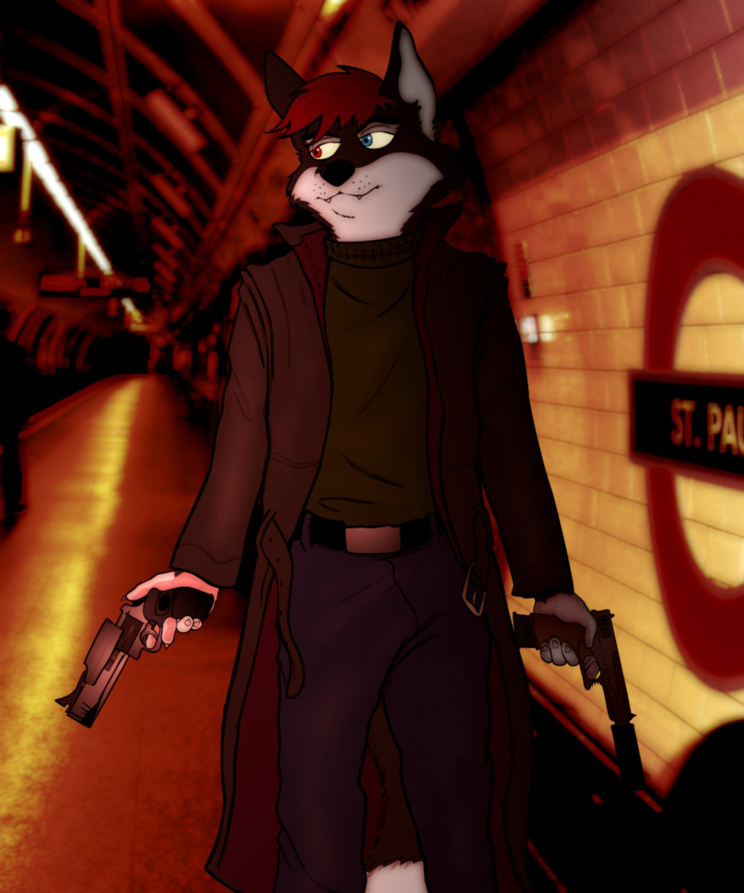 2014 anthro black_nose canid canine clothed clothing darkphox dipstick_tail fangs fox fredryk_phox fully_clothed fur gun hair handgun heterochromia hi_res holding_object holding_weapon looking_aside male mammal markings multicolored_body multicolored_fur photo_background ranged_weapon red_hair revolver silencer solo subway tail_markings two_tone_body two_tone_fur weapon white_inner_ear