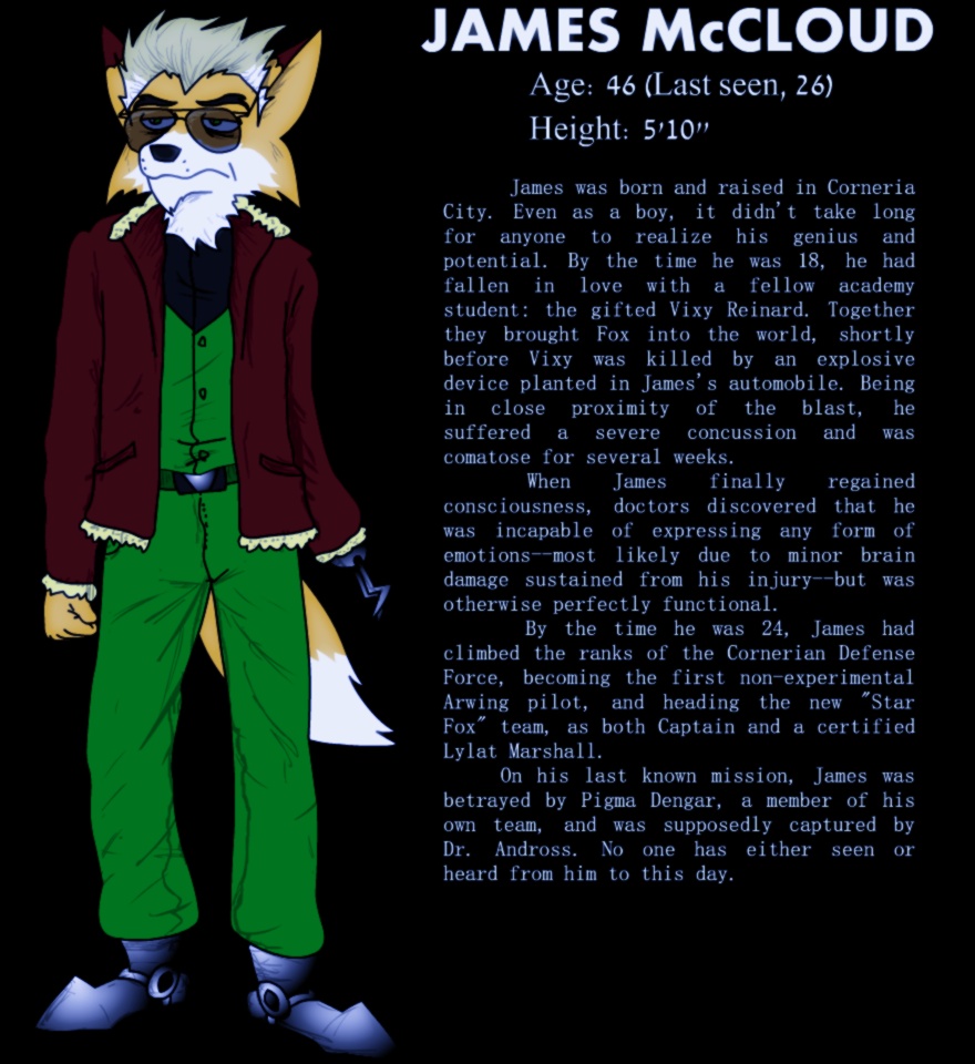 2011 anthro canid canine clothed clothing dipstick_ears dipstick_tail english_text eyewear fox fredryk_phox fully_clothed hair james_mccloud male mammal markings mature_male missing_arm multicolored_ears multicolored_hair nintendo prosthetic prosthetic_arm prosthetic_limb solo star_fox star_fox_the_animated_series sunglasses tail_markings text video_games