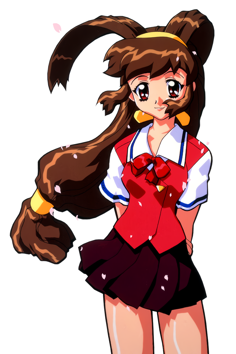 1990s_(style) 1girl antenna_hair arms_behind_back bangs battle_athletes brown_hair cherry_blossoms cowboy_shot highres kanzaki_akari long_hair low-tied_long_hair miniskirt official_art pleated_skirt red_eyes red_skirt retro_artstyle school_uniform short_sleeves simple_background skirt smile solo white_background