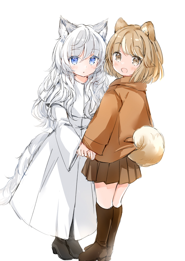 2girls :d :o animal_ear_fluff animal_ears bangs black_footwear blue_eyes blush boots brown_eyes brown_footwear brown_hair brown_jacket brown_skirt capelet cat_ears cat_girl cat_tail commentary dog_ears dog_girl dog_tail dress eyebrows_visible_through_hair hair_between_eyes hand_grab hood hood_down hooded_jacket jacket knee_boots long_hair long_sleeves looking_at_viewer looking_back multicolored_hair multiple_girls original parted_lips pleated_skirt silver_hair simple_background skirt sleeves_past_wrists smile standing streaked_hair tail very_long_hair wataame27 white_background white_capelet white_dress