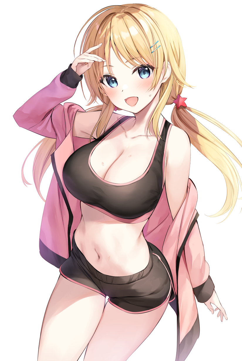1girl :d arm_up bare_shoulders black_shorts blonde_hair blue_eyes breasts cleavage collarbone cowboy_shot crop_top dolphin_shorts hachimiya_meguru hair_ornament hairclip highres idolmaster idolmaster_shiny_colors jacket large_breasts long_hair long_sleeves looking_at_viewer low_twintails midriff navel off_shoulder open_clothes open_jacket oryou pink_jacket shirt short_shorts shorts simple_background sleeveless sleeveless_shirt smile solo sports_bra stomach sweat thigh_gap thighs twintails white_background