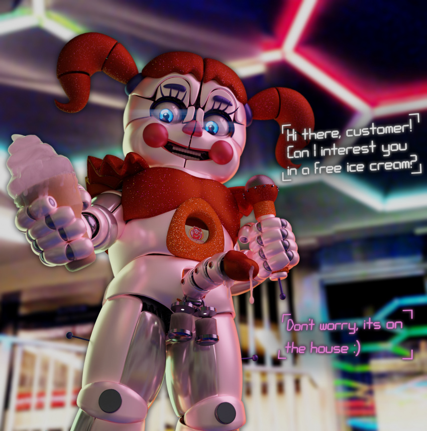 animatronic baby_(fnafsl) blue_eyes bodily_fluids bottomless circus_baby_(fnaf) clothed clothing clown clown_makeup clown_nose cum dessert female five_nights_at_freddy's food genital_fluids genitals hair herm humanoid ice_cream intersex intersex/female looking_at_viewer machine microphone penis red_clothing red_hair robot scottgames sister_location solo video_games weirdosfm white_body