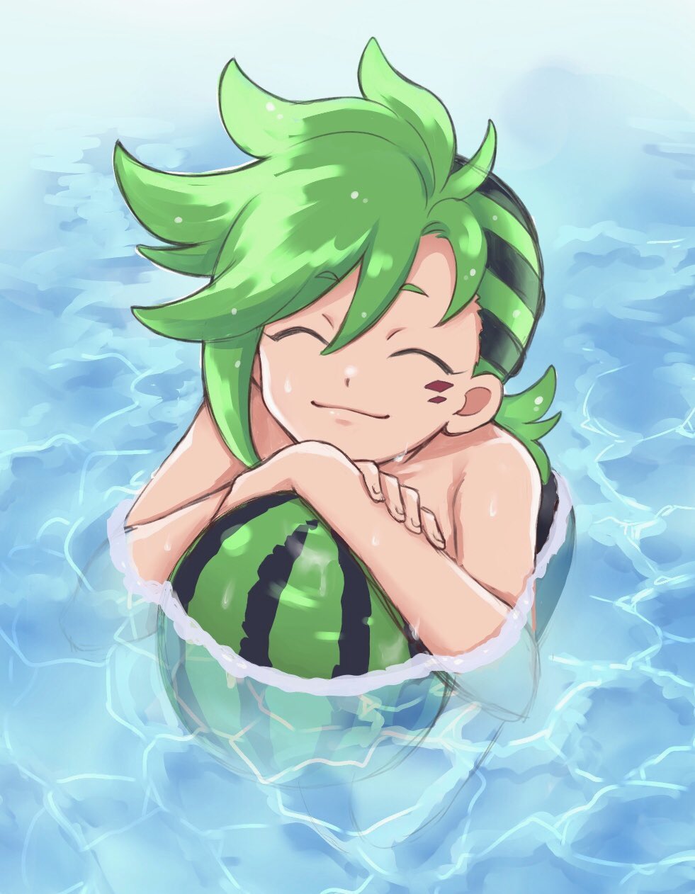 1boy black_hair closed_eyes eyebrows_visible_through_hair facial_mark floating food fruit green_hair hair_between_eyes highres looking_at_viewer mauro_abelard multicolored_hair partially_submerged riku_son shadowverse smile solo spiked_hair swimming two-tone_hair water watermelon