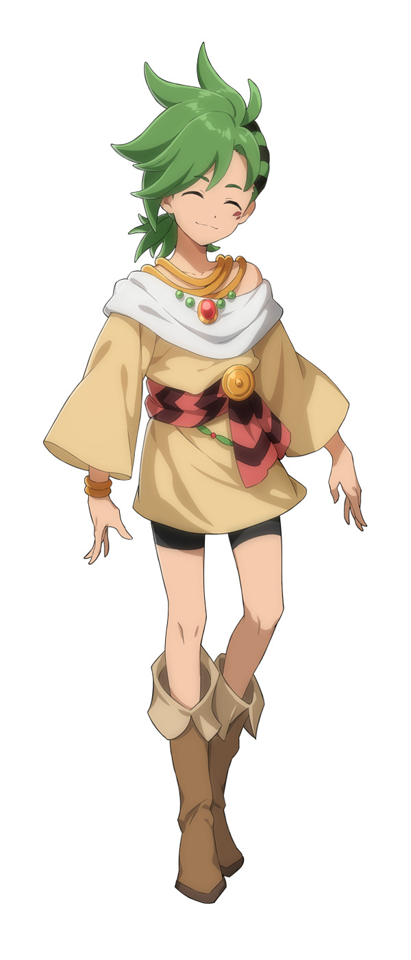 1boy bike_shorts boots bracelet closed_eyes facial_mark full_body green_hair highres jewelry mauro_abelard official_art shadowverse shadowverse_(anime) smile solo spiked_hair tachi-e transparent_background tunic