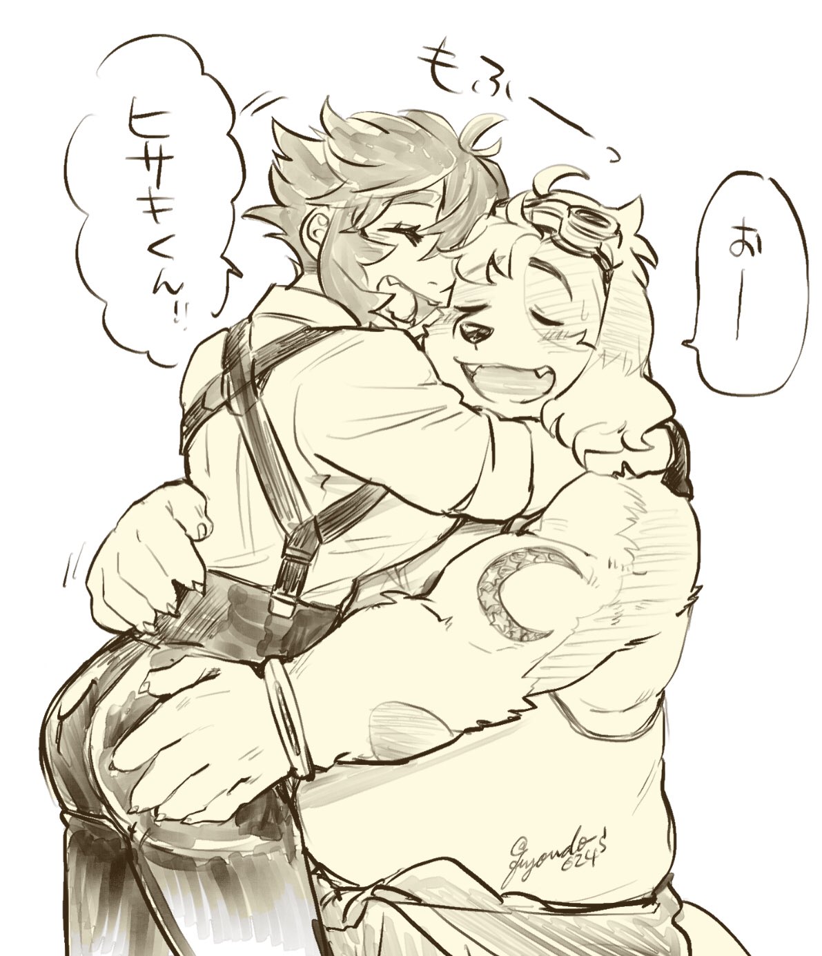 anthro biceps butt butt_grab canid canine canis domestic_dog duo embrace eyewear floppy_ears fuyoudo624 goggles hand_on_butt hi_res hisaki_(live-a-hero) hug human japanese_text lifewonders live-a-hero male mammal musclegut slightly_chubby suspenders tattoo text video_games