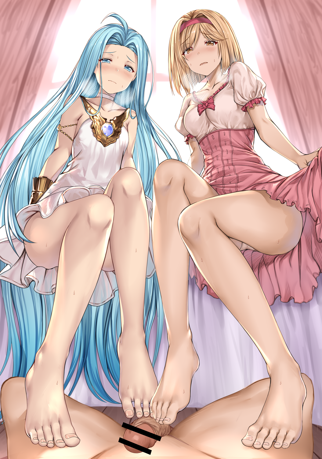 1boy 2girls :d ahoge aldehyde backlighting bangs bar_censor bare_legs bare_shoulders barefoot blonde_hair blue_eyes blue_hair blush bow bracer breasts brown_eyes censored chain choker closed_mouth collarbone commentary_request curtains djeeta_(granblue_fantasy) dress erection feet fighter_(granblue_fantasy) footjob forehead granblue_fantasy hairband hetero highres indoors knees legs long_hair looking_at_viewer lying lyria_(granblue_fantasy) medium_breasts multiple_girls on_back on_bed open_mouth panties parted_bangs penis pink_bow pink_dress puffy_short_sleeves puffy_sleeves short_hair short_sleeves sitting small_breasts smile sweat swept_bangs toes underwear very_long_hair white_dress window