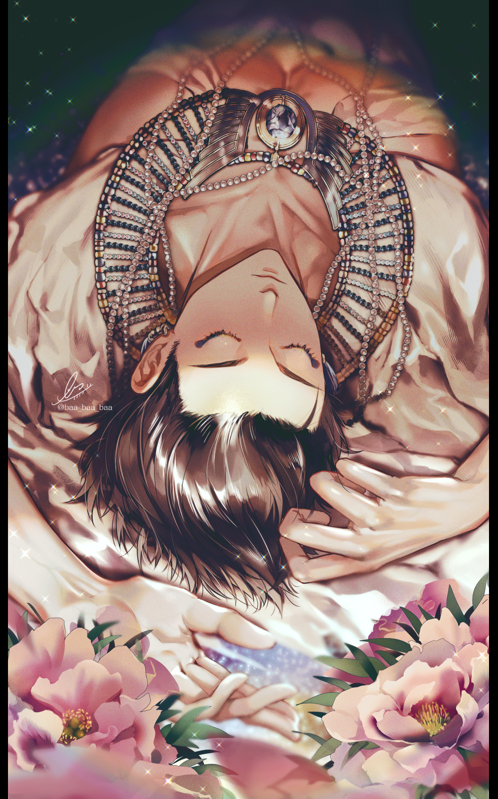 1boy brown_hair closed_eyes dark-skinned_male dark_skin earrings fate/grand_order fate/prototype fate/prototype:_fragments_of_blue_and_silver fate_(series) flower highres jewelry lying male_focus necklace ozymandias_(fate) pearl_necklace sakura_hitsuji short_hair signature sleeping solo twitter_username