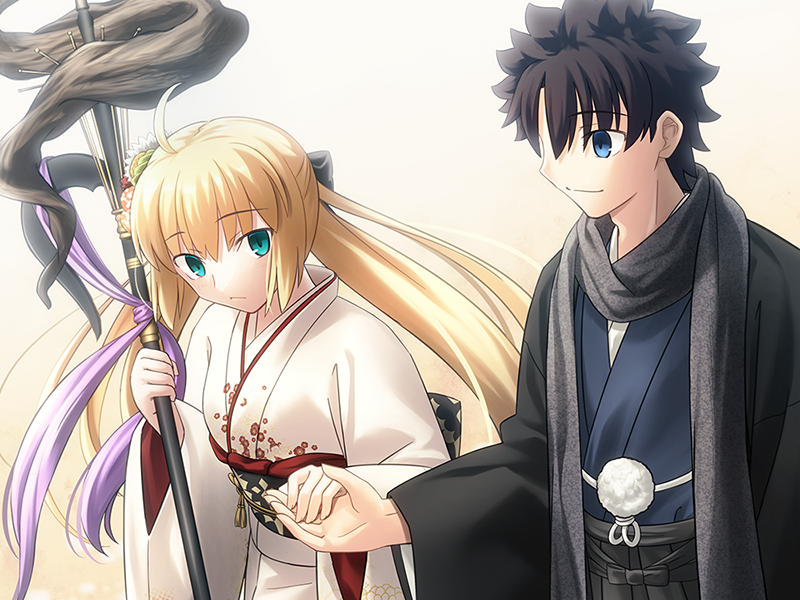 1boy 1girl ahoge alternate_costume artoria_pendragon_(caster)_(fate) artoria_pendragon_(fate) bangs black_bow black_hair blonde_hair blue_eyes blue_kimono bow closed_mouth commentary_request eyebrows_visible_through_hair fate/grand_order fate_(series) flower fujimaru_ritsuka_(male) green_eyes grey_scarf hair_between_eyes hair_bow hair_flower hair_ornament haori holding holding_hands holding_staff holding_weapon japanese_clothes kimono long_hair looking_at_another migiha obi open_clothes sash scarf short_hair smile staff takeuchi_takashi_(style) twintails upper_body very_long_hair weapon white_flower white_kimono wide_sleeves