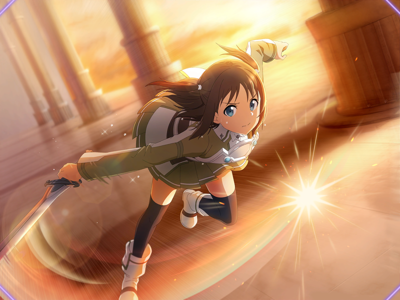 1girl armor black_legwear blue_eyes breastplate brown_hair brown_shirt brown_skirt closed_mouth floating_hair frown game_cg holding holding_sword holding_weapon lens_flare long_hair long_sleeves miniskirt pleated_skirt ronye_arabel running shirt skirt solo sword sword_art_online sword_art_online:_alicization_rising_steel thighhighs twintails weapon zettai_ryouiki