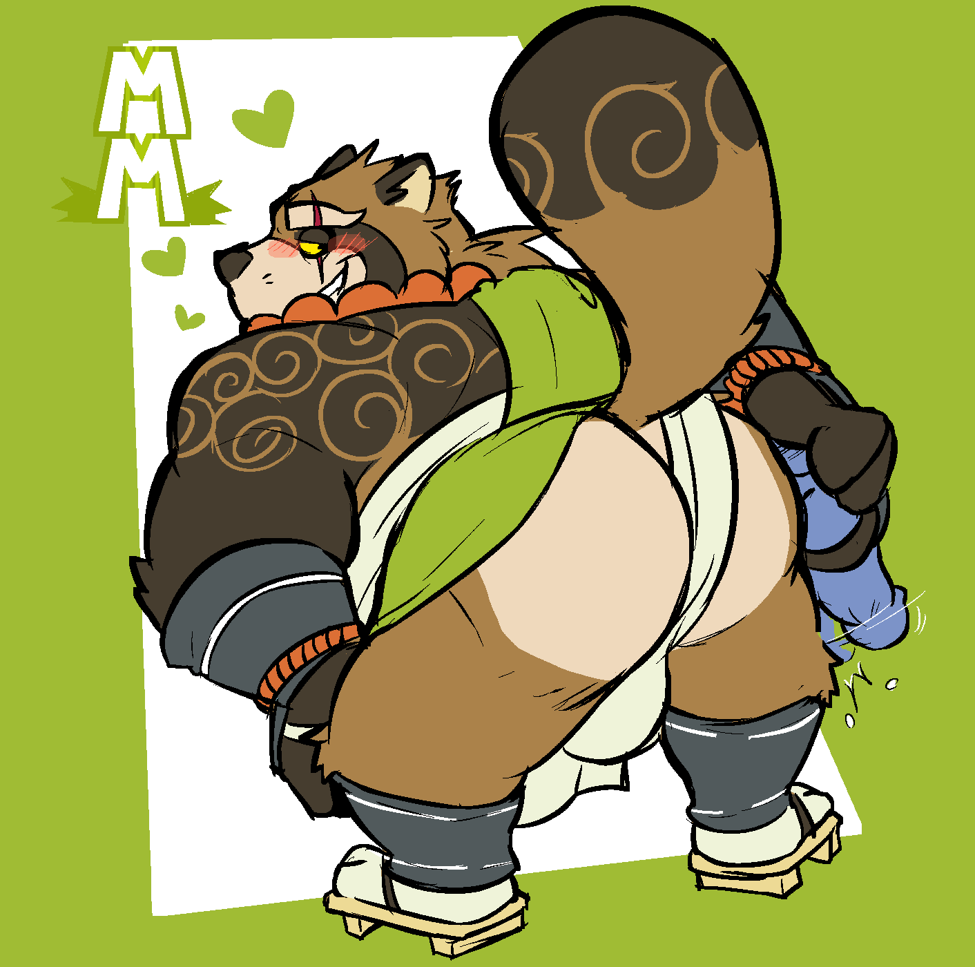 2022 anthro asian_clothing brown_body brown_fur butt canid canine clothing dildo east_asian_clothing fundoshi fur gyobu hi_res humanoid_hands japanese_clothing lifewonders male mammal overweight overweight_male raccoon_dog scar sex_toy solo tanuki tattoo tokyo_afterschool_summoners torquewintress underwear video_games white_clothing white_fundoshi white_underwear