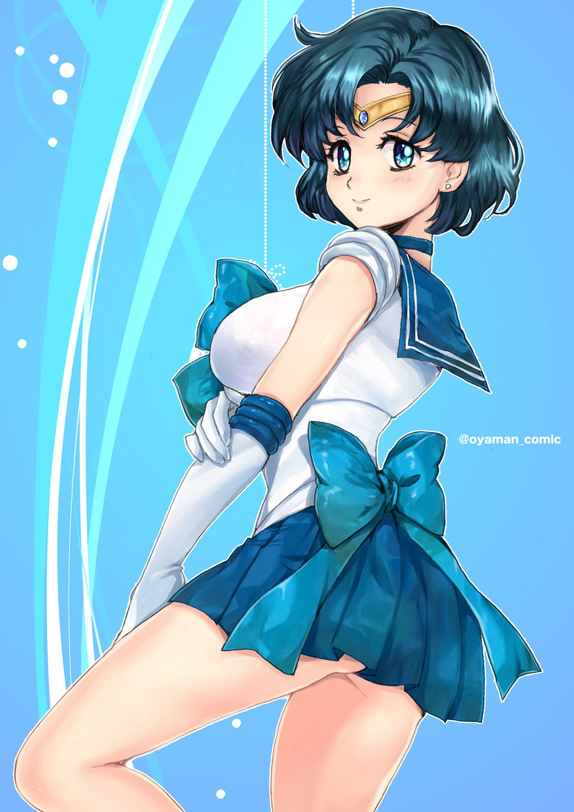 1girl back_bow bangs bishoujo_senshi_sailor_moon blue_background blue_bow blue_choker blue_eyes blue_hair blue_sailor_collar blue_skirt bob_cut bow choker closed_mouth commentary_request earrings elbow_gloves from_side gloves hand_on_own_arm highres jewelry leotard looking_at_viewer magical_girl miniskirt mizuno_ami oyaman pleated_skirt sailor_collar sailor_mercury sailor_senshi_uniform short_hair skirt sleeveless smile solo standing stud_earrings tiara twitter_username white_gloves white_leotard
