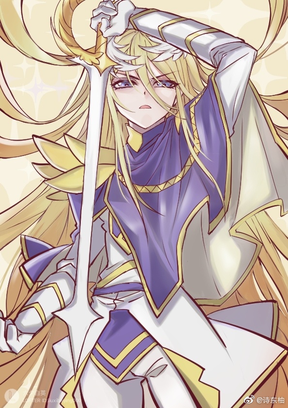 1girl blonde_hair blue_eyes crossdressing douluo_dalu impersonation long_hair looking_at_viewer looking_down qian_renxue_(douluo_dalu) royal royal_robe shi_dong_you sword weapon weibo_id weibo_logo