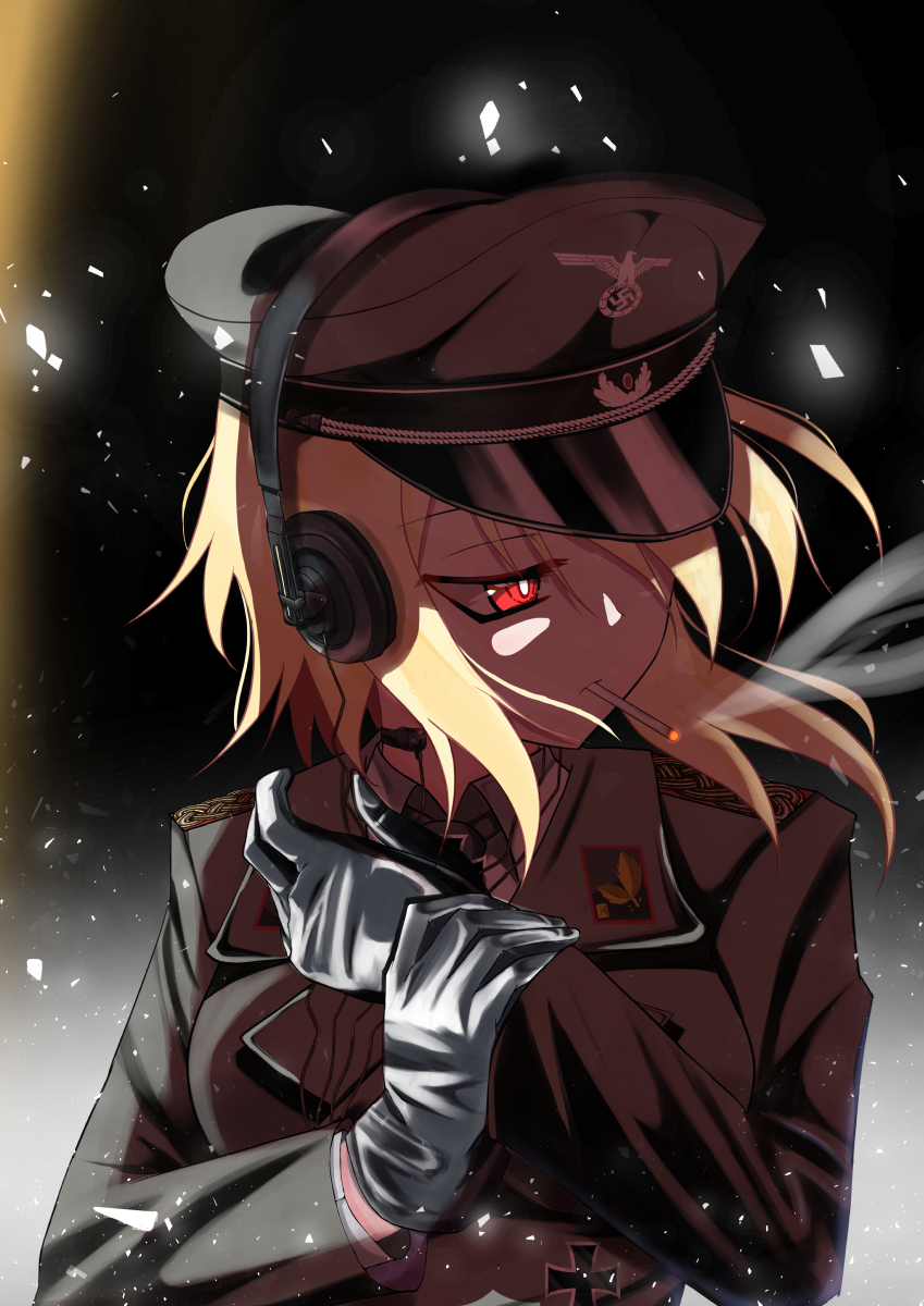 black_headwear black_uniform blonde_hair cross epaulettes female_soldier german_army germany gloves hat headphones highres iron_cross jiseki_rena military military_hat military_uniform original peaked_cap red_eyes schutzstaffel skirt totenkopf uniform white_gloves