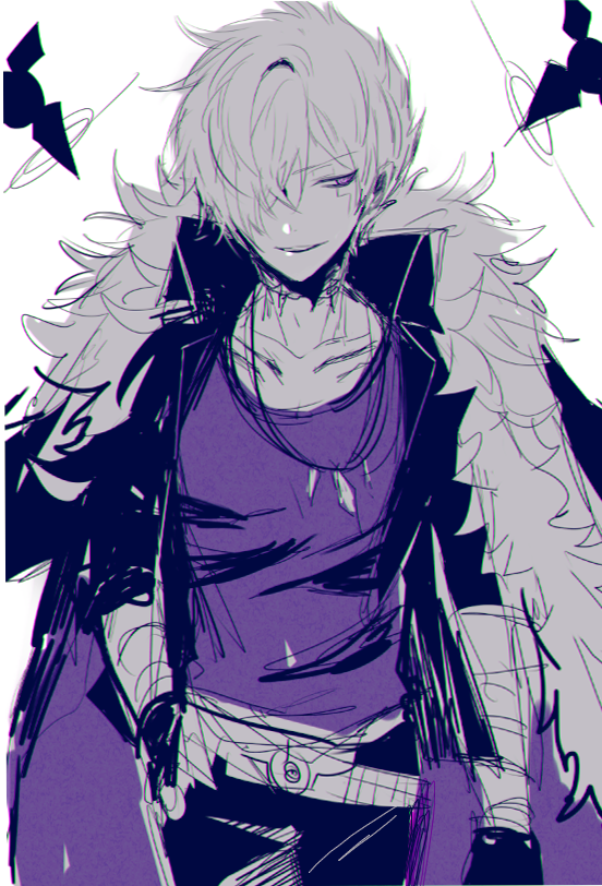 1boy add_(elsword) coat coat_on_shoulders doom_bringer_(elsword) elsword fur-trimmed_jacket fur_trim hair_over_one_eye jacket loble purple_shirt scar scar_across_eye scar_on_face shirt solo white_hair