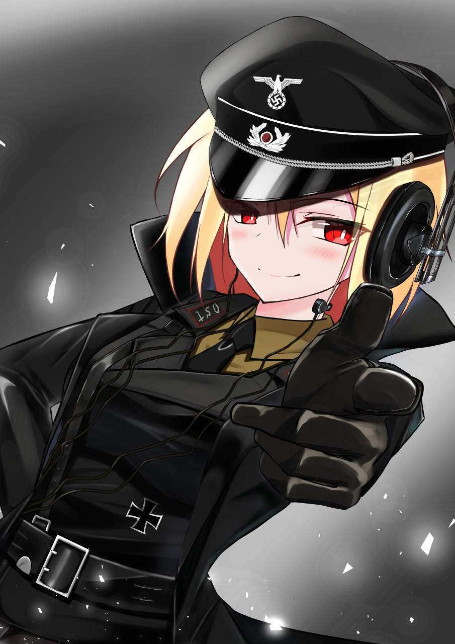 black_gloves black_headwear black_uniform blonde_hair cross epaulettes female_soldier german_army germany gloves hat headphones highres iron_cross jiseki_rena military military_hat military_uniform original peaked_cap red_eyes schutzstaffel skirt totenkopf uniform