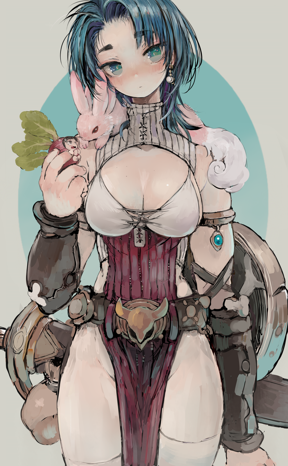 1girl 1other belt_buckle blue_eyes blue_hair blush bracer breasts buckle bunny cleavage cleavage_cutout closed_mouth clothing_cutout commentary cowboy_shot earrings ebimomo food highres holding holding_food holding_vegetable jewelry large_breasts looking_at_viewer medium_hair pelvic_curtain radish riula_(stones_of_dragon) scabbard sheath sheathed shield single_earring standing stones_of_dragon sword thighhighs vegetable weapon white_legwear